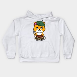 Cute orange cat eating spaghetti Kids Hoodie